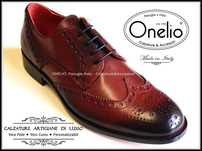 Scarpe Uomo Stringate Derby Brogue Wingtip in vera pelle bordeaux
