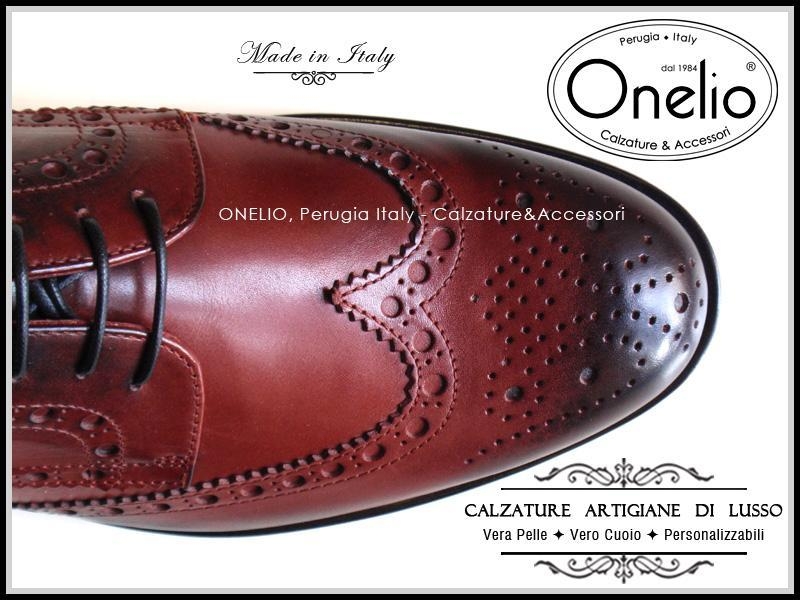 Scarpe Uomo Stringate Derby Brogue Wingtip in vera pelle bordeaux